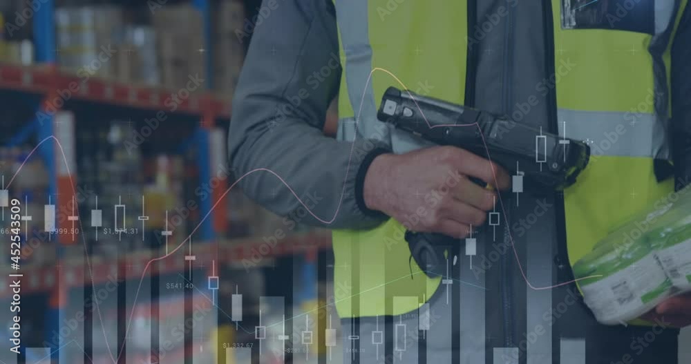 Animation of statistics and financial data processing over man working in warehouse