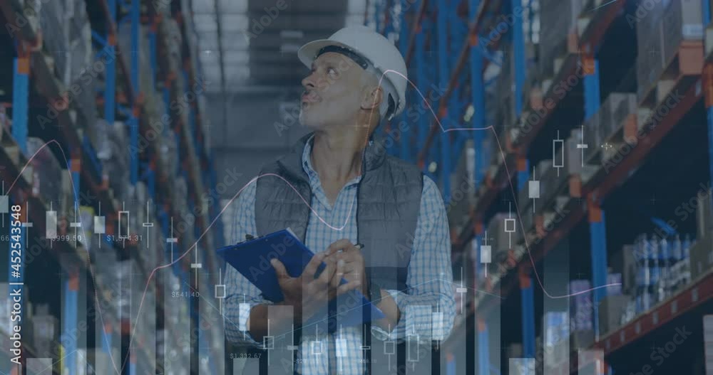 Animation of statistics and financial data processing over man working in warehouse Animation of statistics and financial data processing over man working in warehouse