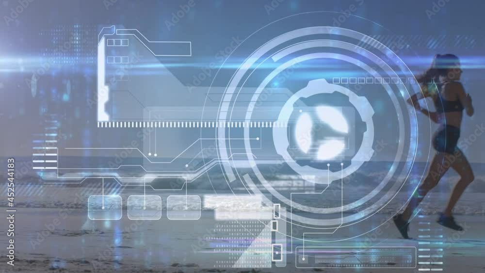Animation of data processing and scope scanning over fit woman running Animation of data processing and scope scanning over fit woman running