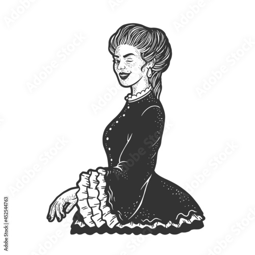 Lady woman winking old fashioned flirting sketch engraving vector illustration. T-shirt apparel print design. Scratch board imitation. Black and white hand drawn image.