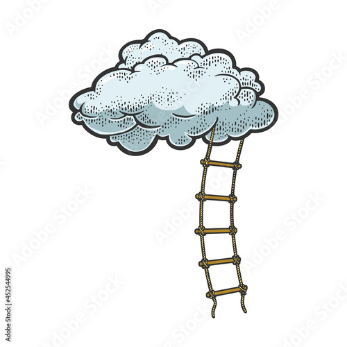 Rope ladder to cloud color sketch engraving vector illustration. Stairs to heaven metaphor. T-shirt apparel print design. Scratch board imitation. Black and white hand drawn image.