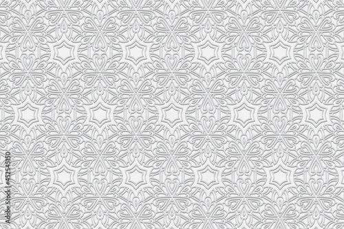 3d volumetric convex embossed geometric white background. Ethnic pattern. Original ornament. Texture in the style of arabesque. Oriental, Asian, Indonesian motives.