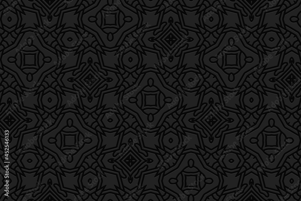 3D volumetric convex embossed geometric black background. Ethnic pattern. Figured ornament. Arabesque texture with oriental, asian, indonesian, mexican, aztec motives.
