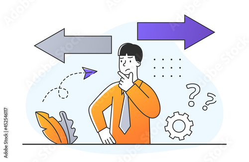 Man chooses solution. Character looking for a path that helps him achieve his goals. Reflections in search of right option. Cartoon flat vector minimalistic illustration isolated on white background