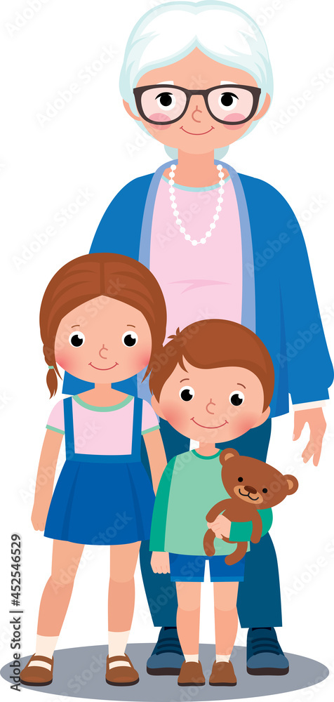 Family portrait in cartoon style grandmother and her grandchildren girl and boy. Vector illustration Family portrait in cartoon style grandmother and her grandchildren girl and boy. Vector illustration