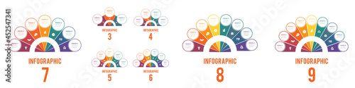 Colorful semicircle and circles for 3,4,5,6,7,8,9 Positions. Elements of Infographics Conceptual Cyclic Processes Possible to Use for Workflow, Banner, Diagram, Web design, Timeline, Area chart