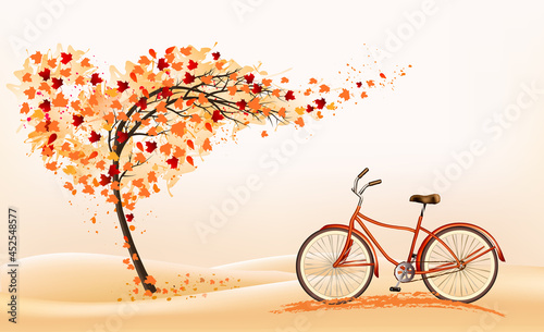 Hello a gold autumn. Autumn landscape with autumn colorful leaves on the  tree and bike in a park on a background. Vector illustration