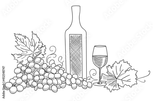 bottle of wine with wine glass and grape - vector sketch