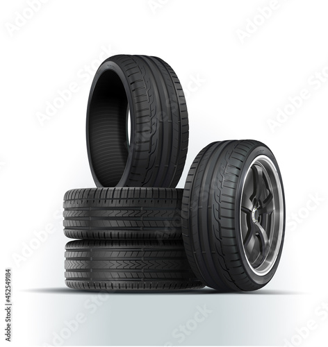 Tyre set. Car wheels in a heap. Car tires isolated on white background. Summer and winter car tires.