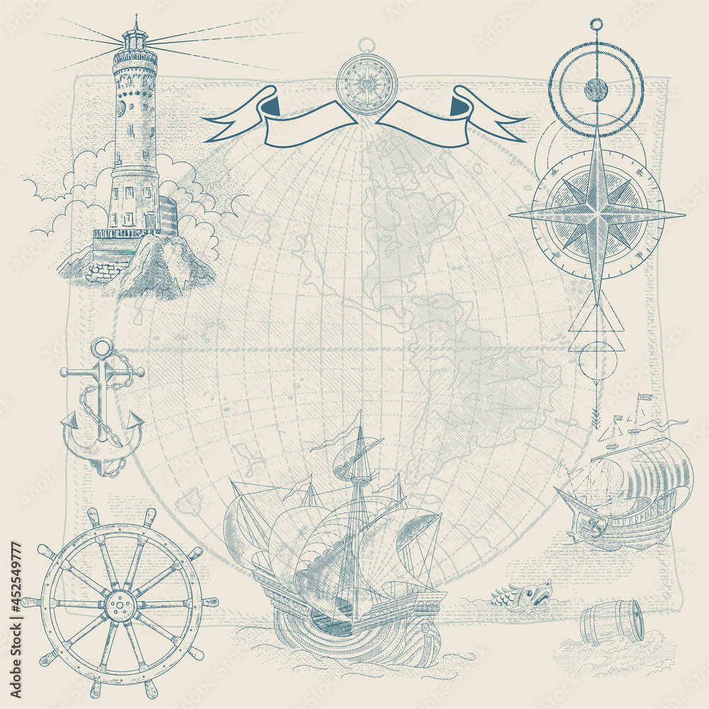Fototapeta Vector background on the theme of travel, adventure and discovery. Vintage hand-drawn sailboats, sunken ships, map, wind rose, anchor, steering wheel, compass. Attributes of maritime navigation