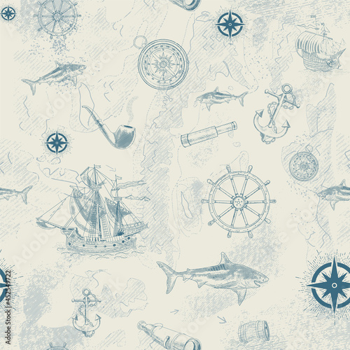 Vector Seamless pattern on the theme of travel, adventure and discovery. Vintage hand-drawn sailboats, sunken ships, map, wind rose, anchor, steering wheel, compass. Attributes of maritime navigation