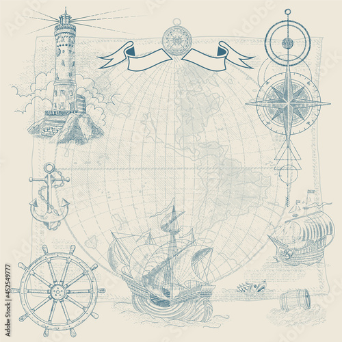 Vector background on the theme of travel, adventure and discovery. Vintage hand-drawn sailboats, sunken ships, map, wind rose, anchor, steering wheel, compass. Attributes of maritime navigation photo