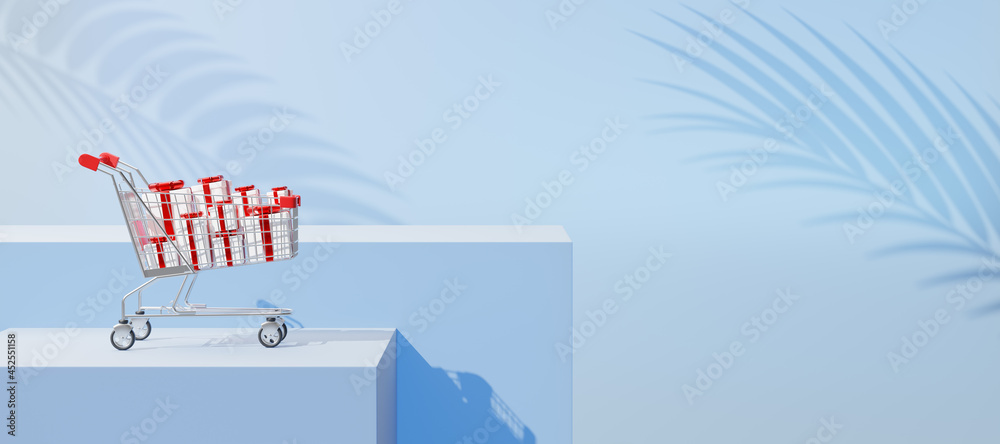 Shopping cart with gift box on blue cube podium floating and shadow palm leaves on copy space background. marketing online and e-commerce concept. Pastel pedestal mockup for product design. 3d render.