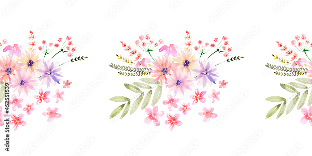 Watercolor seamless border with flowers, festive bouquets and individual elements of bouquets

