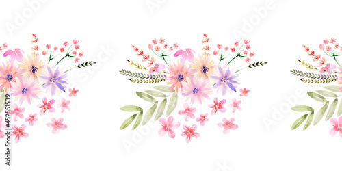 Watercolor seamless border with flowers  festive bouquets and individual elements of bouquets 