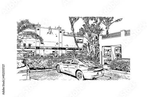 Building view with landmark of  Key Largo is the 
census place in Florida. Hand drawn sketch illustration in vector.