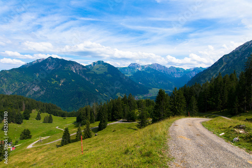 Panoramic view of hiking trails. Bad Hindelang, bavarian alps. Tourism and hiking concept. Oberjoch, Allgäu, Germany