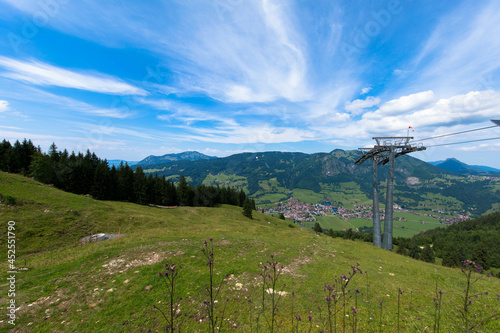 Panoramic view of the bavarian village Bad Hindelang and the cable car Hornbahn seen from the Oberjochpass. Allgäu, Tyrol, Germany photo