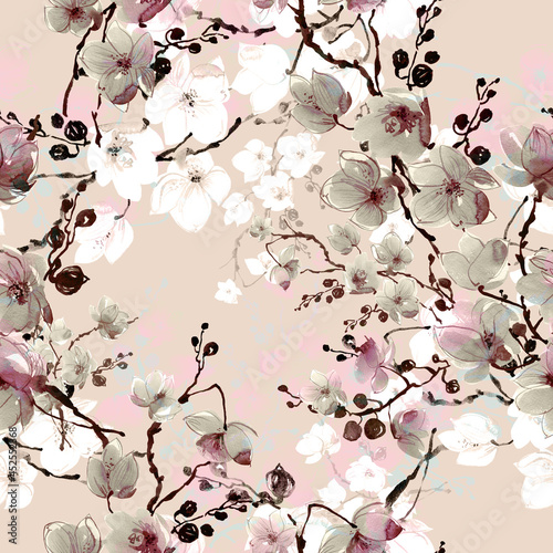 Abstract seamless floral print drawn exotic flowering branches. Beautiful print for decoration of textiles and design. Light pastel art background.