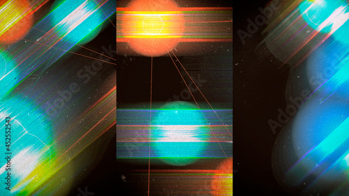 bright glowing orange and blue glare on a dark background three-part composition, blurred image, 3D render