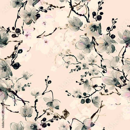 Abstract seamless floral print drawn exotic flowering branches. Beautiful print for decoration of textiles and design. Light pastel art background.