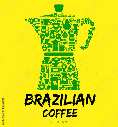 A set of green Brazilian icons and symbols against yellow background.