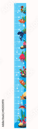 Stadiometer. Height measure. Wall meter or height
Height meter. Sea animals, jellyfish, fish, crab, dolphin, seahorse, underwater world. 