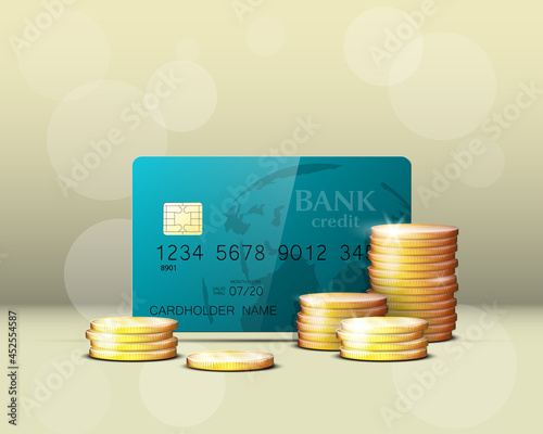 Credit card & gold coins banner. Banking hidden treasures icon. Finans riches icon. Plastic card software wealth badge. Debit card with electromagnetic chip. Privacy Electronic money funds transfer.