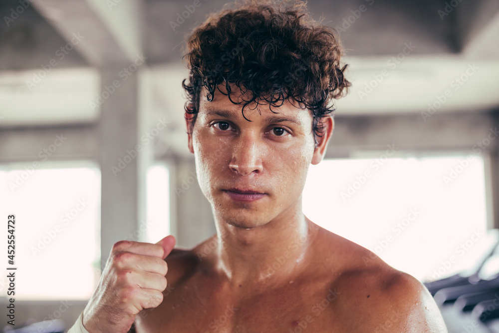Portrait Of Boxer Standing Guard Position Ready To Fight Muscular Topless Man Do Exercise Workout And Boxing In Gym Fitness Strength Power Sweating And Looking At Camera Stock 写真 Adobe Stock