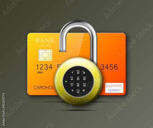 Credit card safe combination lock. Protection credit card. Safety badge banking. Defense finans. Security Plastic card software. Debit card electromagnetic chip Privacy Electronic money funds transfer