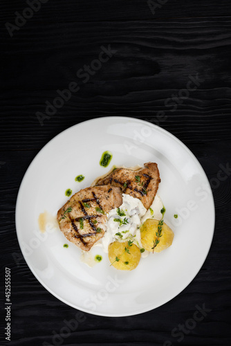 Grilled pork meat with mush...