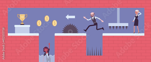 Business people video game, overcome difficulties and obstacles, solve problems. Office managers run, jump to reach level, solving puzzles and collecting items, completing task. Vector illustration