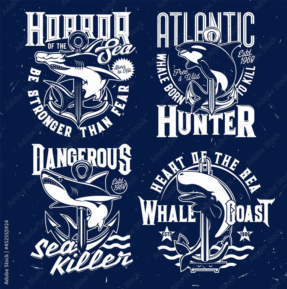 Fototapeta premium Nautical t-shirt prints, anchor and marine sea waves vector emblems. Shark and killer whale ocean fish blue signs with slogans and quotes, Atlantic fishers and hunters club grunge badges