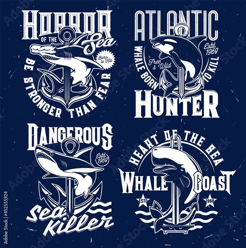 Nautical t-shirt prints, anchor and marine sea waves vector emblems. Shark and killer whale ocean fish blue signs with slogans and quotes, Atlantic fishers and hunters club grunge badges