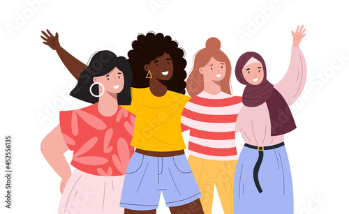 Group on young multicultural women hugging each other. Multiethnic smiling women of different religions standing together. Unity in diversity. Flat style vector illustration. Friendship concept...