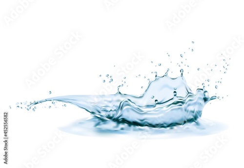 Crown water splash with swirl and drops. Vector liquid splashing aqua dynamic motion  graphic design element with spray droplets side view isolated on white background  ad realistic 3d pure water