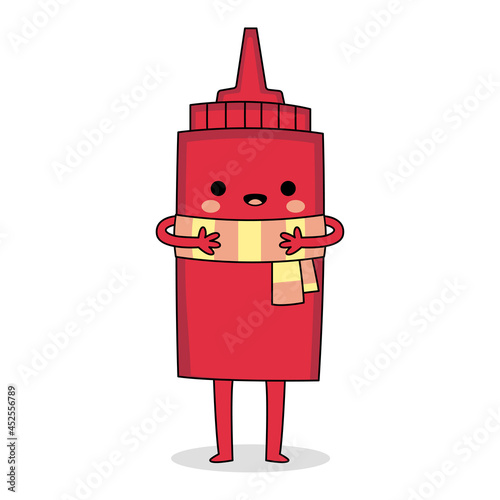 Cute red ketchup bottle cartoon character wearing a scarf