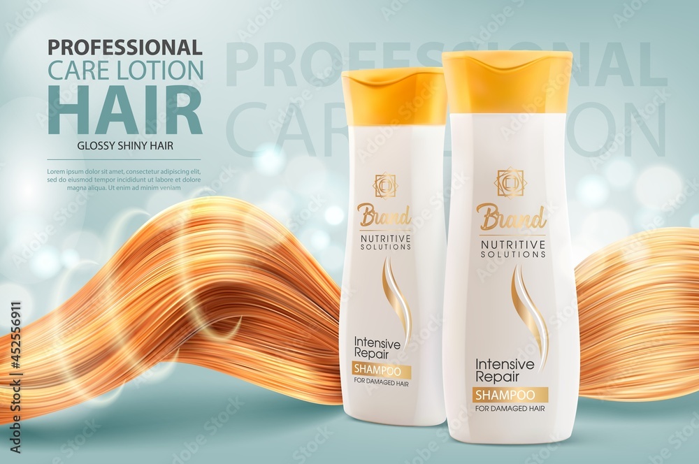 Vecteur Stock Hair shampoo or conditioner, cosmetic bottles and shining  hair vector ad banner. Professional care lotion tubes for intensive repair.  Cosmetics beauty product advertising, realistic 3d template | Adobe Stock