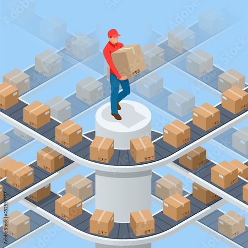 Isometric packed courier on production line against cardboard boxes in warehouse. Transport and processing of orders in trade. Cargo shipment boxes.