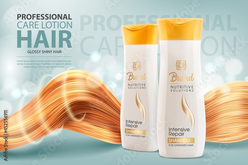 Hair shampoo or conditioner, cosmetic bottles and shining hair vector ad banner. Professional care lotion tubes for intensive repair. Cosmetics beauty product advertising, realistic 3d template photo