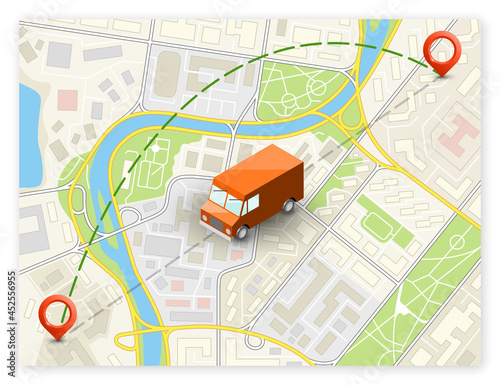 Isometric city map navigation, point markers background, app isometry drawing schema, 3D simple city plan GPS navigation, final destination arrow paper city map. Route delivery check point graphic