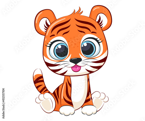 Cute tiger cub sits and smiles. Cartoon vector illustration.