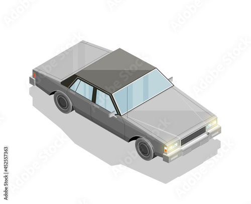 Isometric car sharing banner. Auto transportation route map, Fast automobile logistic 3d transport, application isometry city old auto car infographic classic vehicle. Low poly style car vehicle model