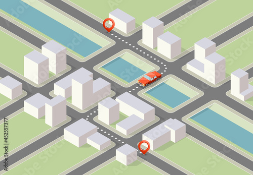 Isometric city map navigation, point markers background, app isometry drawing schema, 3D simple city plan GPS navigation, final destination arrow paper city map. Route delivery check point graphic