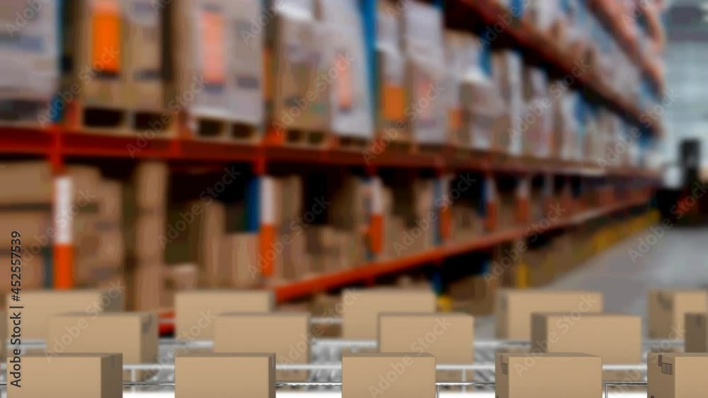 Animation of cardboard boxes moving on conveyor belts over warehouse Animation of cardboard boxes moving on conveyor belts over warehouse