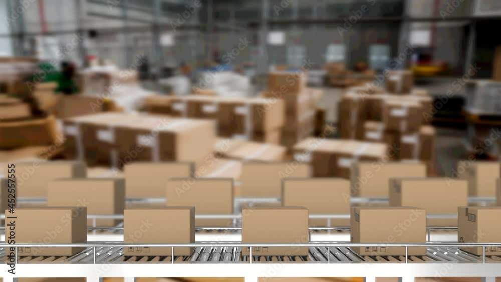 Animation of cardboard boxes moving on conveyor belts over warehouse Animation of cardboard boxes moving on conveyor belts over warehouse
