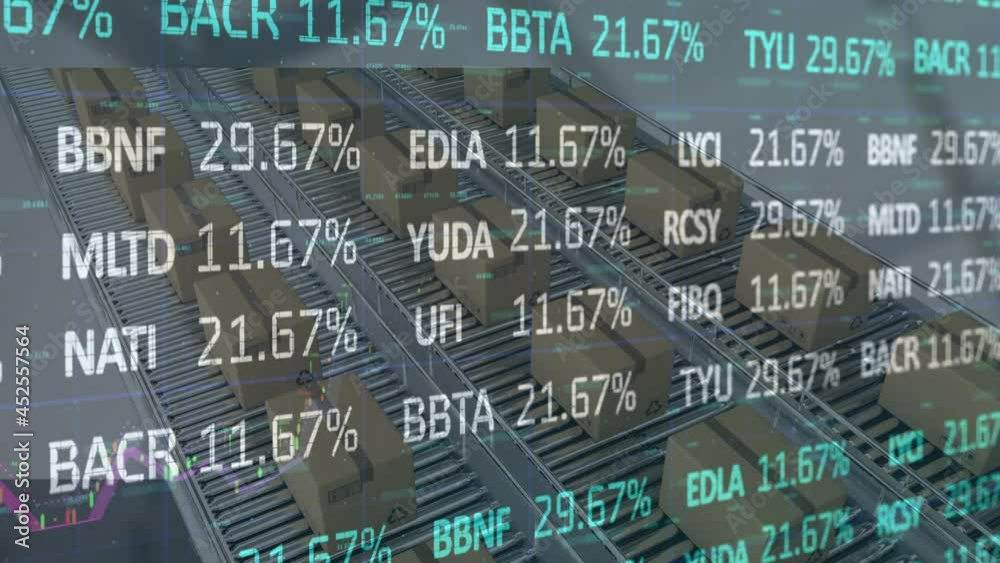 Animation of financial data processing over cardboard boxes on conveyor belt in warehouse Animation of financial data processing over cardboard boxes on conveyor belt in warehouse