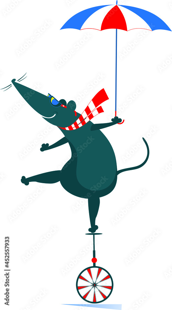 Cartoon rat or mouse balances on the unicycle and holds an umbrella isolated on white