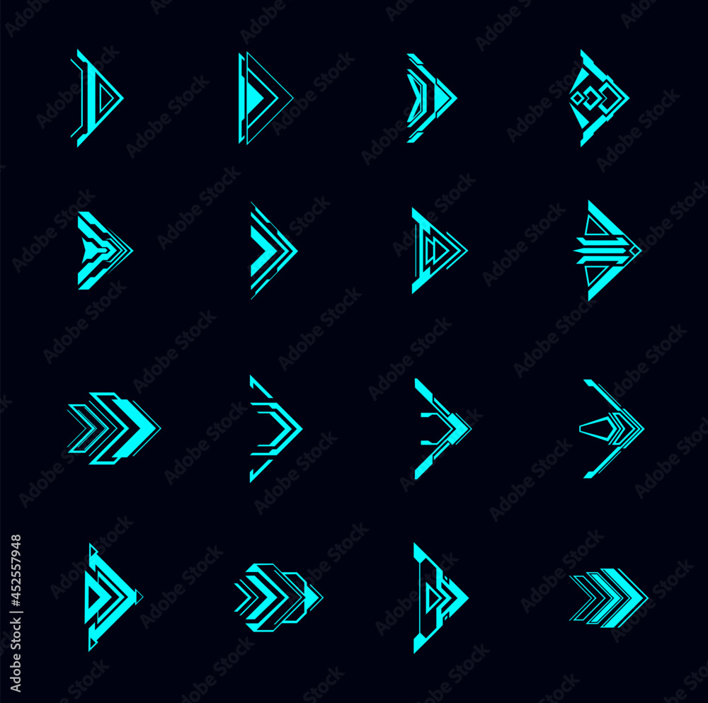 Hud arrows, futuristic navigation pointers, Sci Fi Ui interface. Digital techno style vector elements. Neon glowing buttons for computer game or app menu, modern graphic design cursor symbols set