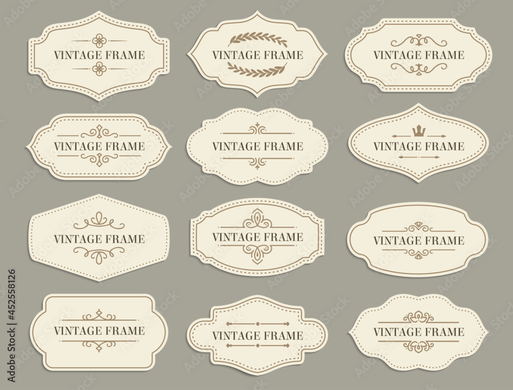 Vintage retro borders and frames, vector paper labels with flourishes for scrapbooking or invitation design. Scrapbook decoration elements, tags or stickers for text notes or messages isolated set